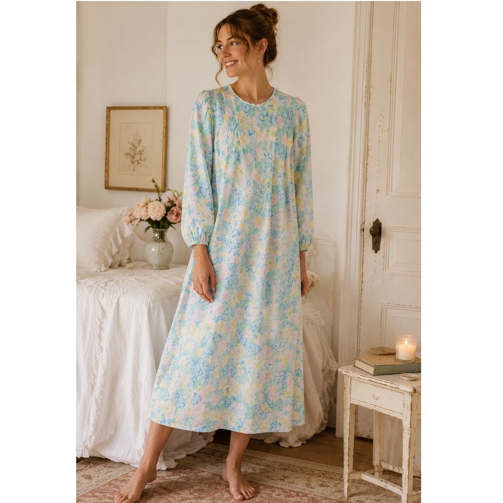 Vintage 90s Nap Dress House Coat Pastel Floral 100% Cotton Maxi Robe Med Saybury